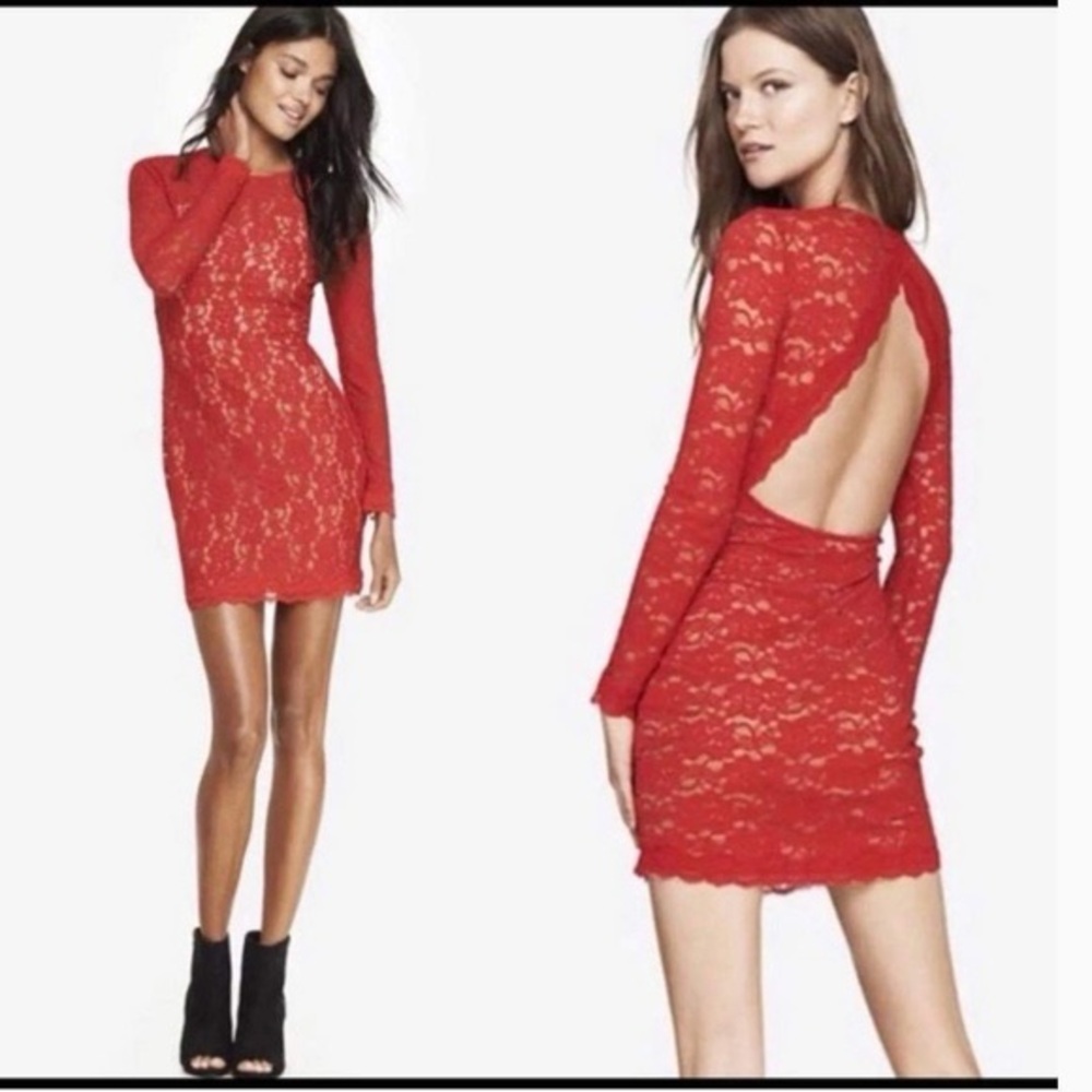 NWT Express Red Lace Backless Long Sleeve Dress XS Stretchy Holiday Party